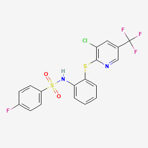 molecular formula C18H11ClF4N2O2S2 B2695642 N-(2-{[3-chloro-5-(trifluoromethyl)-2-pyridinyl]sulfanyl}phenyl)-4-fluorobenzenesulfonamide CAS No. 338773-45-8