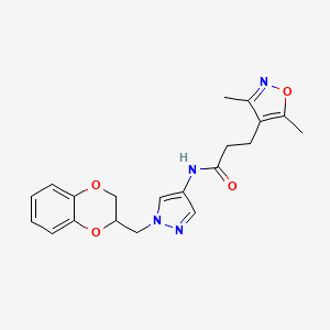 molecular formula C20H22N4O4 B2695697 N-(1-((2,3-dihydrobenzo[b][1,4]dioxin-2-yl)methyl)-1H-pyrazol-4-yl)-3-(3,5-dimethylisoxazol-4-yl)propanamide CAS No. 1796948-92-9
