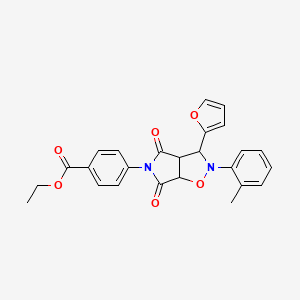 molecular formula C25H22N2O6 B2695709 ethyl 4-[3-(furan-2-yl)-2-(2-methylphenyl)-4,6-dioxo-hexahydro-2H-pyrrolo[3,4-d][1,2]oxazol-5-yl]benzoate CAS No. 1005052-92-5