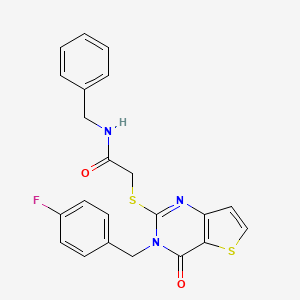 molecular formula C22H18FN3O2S2 B2695814 N-benzyl-2-({3-[(4-fluorophenyl)methyl]-4-oxo-3H,4H-thieno[3,2-d]pyrimidin-2-yl}sulfanyl)acetamide CAS No. 450372-76-6