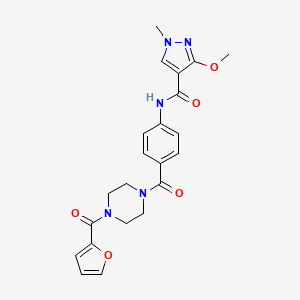 molecular formula C22H23N5O5 B2695820 N-(4-(4-(furan-2-carbonyl)piperazine-1-carbonyl)phenyl)-3-methoxy-1-methyl-1H-pyrazole-4-carboxamide CAS No. 1351642-85-7