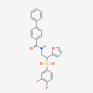 molecular formula C26H22FNO4S B2696009 N-(2-((4-fluoro-3-methylphenyl)sulfonyl)-2-(furan-2-yl)ethyl)-[1,1'-biphenyl]-4-carboxamide CAS No. 897620-46-1