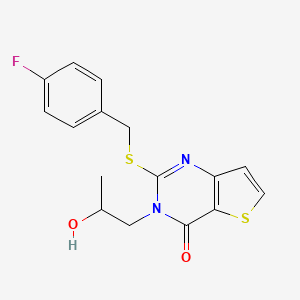 molecular formula C16H15FN2O2S2 B2696089 2-((4-fluorobenzyl)thio)-3-(2-hydroxypropyl)thieno[3,2-d]pyrimidin-4(3H)-one CAS No. 1788585-53-4