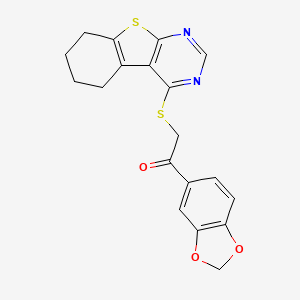 molecular formula C19H16N2O3S2 B2696190 1-(2H-1,3-benzodioxol-5-yl)-2-{8-thia-4,6-diazatricyclo[7.4.0.0^{2,7}]trideca-1(9),2(7),3,5-tetraen-3-ylsulfanyl}ethan-1-one CAS No. 315677-10-2