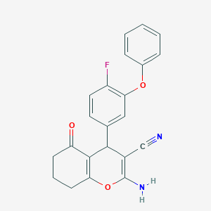 molecular formula C22H17FN2O3 B2696228 2-amino-4-(4-fluoro-3-phenoxyphenyl)-5-oxo-5,6,7,8-tetrahydro-4H-chromene-3-carbonitrile CAS No. 625376-17-2