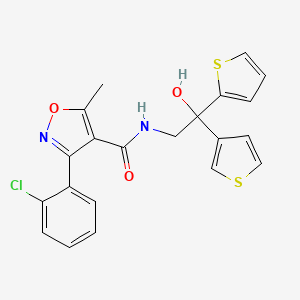 molecular formula C21H17ClN2O3S2 B2696273 3-(2-chlorophenyl)-N-(2-hydroxy-2-(thiophen-2-yl)-2-(thiophen-3-yl)ethyl)-5-methylisoxazole-4-carboxamide CAS No. 2034482-73-8