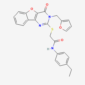 molecular formula C25H21N3O4S B2696282 N-(4-ethylphenyl)-2-({5-[(furan-2-yl)methyl]-6-oxo-8-oxa-3,5-diazatricyclo[7.4.0.0^{2,7}]trideca-1(9),2(7),3,10,12-pentaen-4-yl}sulfanyl)acetamide CAS No. 902904-41-0
