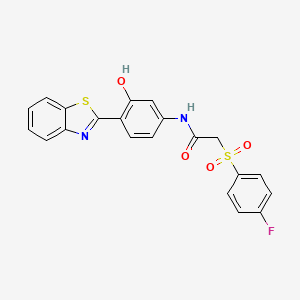 molecular formula C21H15FN2O4S2 B2696321 N-(4-(benzo[d]thiazol-2-yl)-3-hydroxyphenyl)-2-((4-fluorophenyl)sulfonyl)acetamide CAS No. 895469-31-5