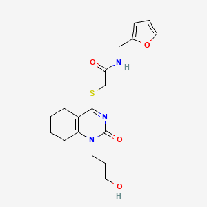molecular formula C18H23N3O4S B2696453 N-(furan-2-ylmethyl)-2-((1-(3-hydroxypropyl)-2-oxo-1,2,5,6,7,8-hexahydroquinazolin-4-yl)thio)acetamide CAS No. 899974-01-7