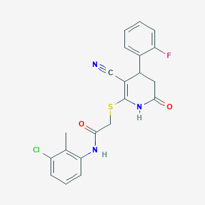 molecular formula C21H17ClFN3O2S B2696728 N-(3-chloro-2-methylphenyl)-2-((3-cyano-4-(2-fluorophenyl)-6-oxo-1,4,5,6-tetrahydropyridin-2-yl)thio)acetamide CAS No. 488086-18-6
