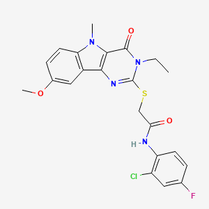 molecular formula C22H20ClFN4O3S B2696753 N-(2-chloro-4-fluorophenyl)-2-({3-ethyl-8-methoxy-5-methyl-4-oxo-3H,4H,5H-pyrimido[5,4-b]indol-2-yl}sulfanyl)acetamide CAS No. 1112301-25-3