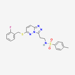 molecular formula C21H20FN5O2S2 B2696755 N-[2-(6-{[(2-fluorophenyl)methyl]sulfanyl}-[1,2,4]triazolo[4,3-b]pyridazin-3-yl)ethyl]-4-methylbenzene-1-sulfonamide CAS No. 872998-32-8