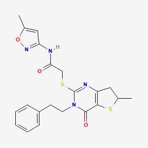 molecular formula C21H22N4O3S2 B2697099 N-(5-methyl-1,2-oxazol-3-yl)-2-{[6-methyl-4-oxo-3-(2-phenylethyl)-3H,4H,6H,7H-thieno[3,2-d]pyrimidin-2-yl]sulfanyl}acetamide CAS No. 862825-19-2