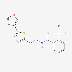 molecular formula C18H14F3NO2S B2697129 N-(2-(5-(furan-3-yl)thiophen-2-yl)ethyl)-2-(trifluoromethyl)benzamide CAS No. 2034254-96-9