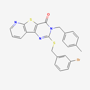 molecular formula C24H18BrN3OS2 B2697146 4-[(3-bromophenyl)methylsulfanyl]-5-[(4-methylphenyl)methyl]-8-thia-3,5,10-triazatricyclo[7.4.0.02,7]trideca-1(9),2(7),3,10,12-pentaen-6-one CAS No. 1223994-67-9