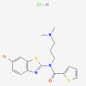 molecular formula C17H19BrClN3OS2 B2697301 N-(6-BROMO-1,3-BENZOTHIAZOL-2-YL)-N-[3-(DIMETHYLAMINO)PROPYL]THIOPHENE-2-CARBOXAMIDE HYDROCHLORIDE CAS No. 1215716-99-6