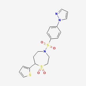 molecular formula C18H19N3O4S3 B2697343 4-((4-(1H-pyrazol-1-yl)phenyl)sulfonyl)-7-(thiophen-2-yl)-1,4-thiazepane 1,1-dioxide CAS No. 2034534-36-4