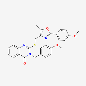 molecular formula C28H25N3O4S B2697351 3-(4-methoxybenzyl)-2-(((2-(4-methoxyphenyl)-5-methyloxazol-4-yl)methyl)thio)quinazolin-4(3H)-one CAS No. 1114878-54-4