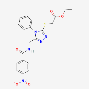 molecular formula C20H19N5O5S B2697359 ethyl 2-[(5-{[(4-nitrophenyl)formamido]methyl}-4-phenyl-4H-1,2,4-triazol-3-yl)sulfanyl]acetate CAS No. 689749-94-8