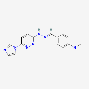 molecular formula C16H17N7 B2697381 (E)-4-((2-(6-(1H-imidazol-1-yl)pyridazin-3-yl)hydrazono)methyl)-N,N-dimethylaniline CAS No. 380386-53-8
