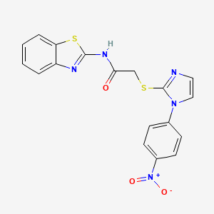 molecular formula C18H13N5O3S2 B2697441 N-(1,3-benzothiazol-2-yl)-2-{[1-(4-nitrophenyl)-1H-imidazol-2-yl]sulfanyl}acetamide CAS No. 851079-58-8