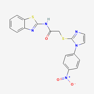 molecular formula C18H13N5O3S2 B2697441 N-(1,3-苯并噻唑-2-基)-2-[1-(4-硝基苯基)咪唑-2-基]硫醚乙酰胺 CAS No. 851079-58-8