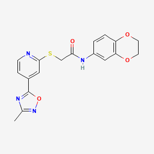 molecular formula C18H16N4O4S B2697589 N-(2,3-dihydro-1,4-benzodioxin-6-yl)-2-{[4-(3-methyl-1,2,4-oxadiazol-5-yl)pyridin-2-yl]sulfanyl}acetamide CAS No. 1251547-77-9