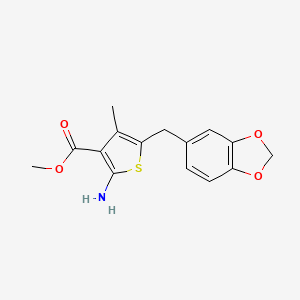 molecular formula C15H15NO4S B2697694 Methyl 2-amino-5-(benzo[d][1,3]dioxol-5-ylmethyl)-4-methylthiophene-3-carboxylate CAS No. 1421456-63-4