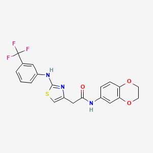 molecular formula C20H16F3N3O3S B2697739 N-(2,3-dihydro-1,4-benzodioxin-6-yl)-2-(2-{[3-(trifluoromethyl)phenyl]amino}-1,3-thiazol-4-yl)acetamide CAS No. 1169951-23-8