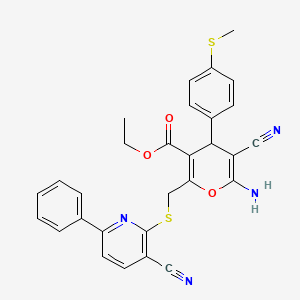molecular formula C29H24N4O3S2 B2697767 ethyl 6-amino-5-cyano-2-{[(3-cyano-6-phenylpyridin-2-yl)sulfanyl]methyl}-4-[4-(methylsulfanyl)phenyl]-4H-pyran-3-carboxylate CAS No. 328072-16-8