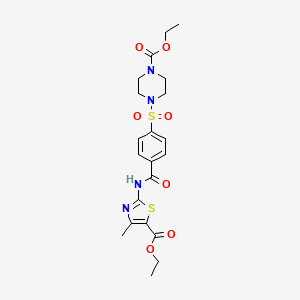 molecular formula C21H26N4O7S2 B2697813 Ethyl 2-(4-((4-(ethoxycarbonyl)piperazin-1-yl)sulfonyl)benzamido)-4-methylthiazole-5-carboxylate CAS No. 361174-41-6