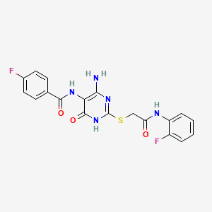 molecular formula C19H15F2N5O3S B2698054 N-(4-amino-2-((2-((2-fluorophenyl)amino)-2-oxoethyl)thio)-6-oxo-1,6-dihydropyrimidin-5-yl)-4-fluorobenzamide CAS No. 888416-92-0