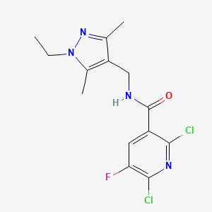 molecular formula C14H15Cl2FN4O B2698231 2,6-Dichloro-N-[(1-ethyl-3,5-dimethylpyrazol-4-YL)methyl]-5-fluoropyridine-3-carboxamide CAS No. 1385338-38-4