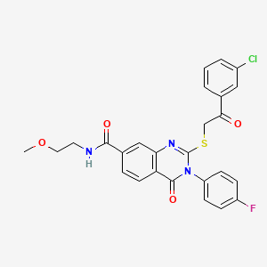 molecular formula C26H21ClFN3O4S B2698285 2-((2-(3-chlorophenyl)-2-oxoethyl)thio)-3-(4-fluorophenyl)-N-(2-methoxyethyl)-4-oxo-3,4-dihydroquinazoline-7-carboxamide CAS No. 1113134-94-3