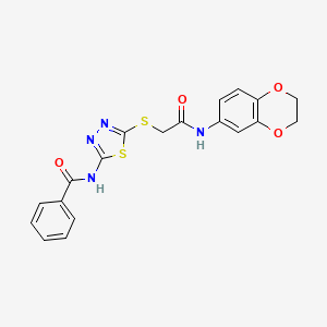 molecular formula C19H16N4O4S2 B2698305 N-(5-((2-((2,3-dihydrobenzo[b][1,4]dioxin-6-yl)amino)-2-oxoethyl)thio)-1,3,4-thiadiazol-2-yl)benzamide CAS No. 868976-42-5