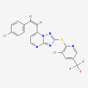 molecular formula C19H10Cl2F3N5S B2698391 3-chloro-2-({7-[(Z)-2-(4-chlorophenyl)ethenyl]-[1,2,4]triazolo[1,5-a]pyrimidin-2-yl}sulfanyl)-5-(trifluoromethyl)pyridine CAS No. 477885-63-5
