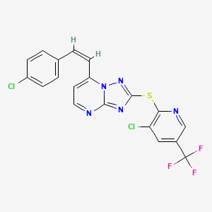 molecular formula C19H10Cl2F3N5S B2698391 7-(4-Chlorostyryl)-2-{[3-chloro-5-(trifluoromethyl)-2-pyridinyl]sulfanyl}-6,7-dihydro[1,2,4]triazolo[1,5-a]pyrimidine CAS No. 477885-63-5
