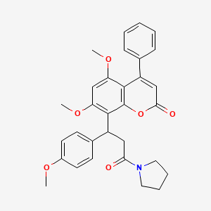 5,7-dimethoxy-8-(1-(4-methoxyphenyl)-3-oxo-3-(pyrrolidin-1-yl)propyl)-4-phenyl-2H-chromen-2-one