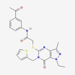 molecular formula C23H23N5O3S2 B2698413 N-(3-acetylphenyl)-2-({1-ethyl-3-methyl-7-oxo-6-[(thiophen-2-yl)methyl]-1H,6H,7H-pyrazolo[4,3-d]pyrimidin-5-yl}sulfanyl)acetamide CAS No. 1357973-92-2
