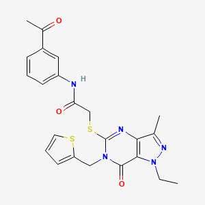 molecular formula C23H23N5O3S2 B2698413 N-(3-acetylphenyl)-2-((1-ethyl-3-methyl-7-oxo-6-(thiophen-2-ylmethyl)-6,7-dihydro-1H-pyrazolo[4,3-d]pyrimidin-5-yl)thio)acetamide CAS No. 1357973-92-2
