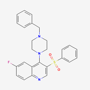 molecular formula C26H24FN3O2S B2698415 4-(4-Benzylpiperazin-1-yl)-6-fluoro-3-(phenylsulfonyl)quinoline CAS No. 866844-37-3