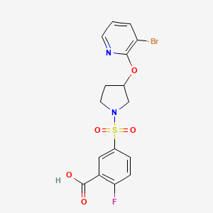 molecular formula C16H14BrFN2O5S B2698431 5-((3-((3-Bromopyridin-2-yl)oxy)pyrrolidin-1-yl)sulfonyl)-2-fluorobenzoic acid CAS No. 1903242-25-0