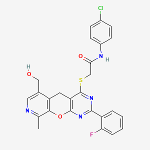 molecular formula C26H20ClFN4O3S B2698471 N-(4-chlorophenyl)-2-[[5-(2-fluorophenyl)-11-(hydroxymethyl)-14-methyl-2-oxa-4,6,13-triazatricyclo[8.4.0.03,8]tetradeca-1(10),3(8),4,6,11,13-hexaen-7-yl]sulfanyl]acetamide CAS No. 892386-28-6
