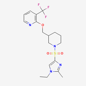 molecular formula C18H23F3N4O3S B2698531 2-[[1-(1-Ethyl-2-methylimidazol-4-yl)sulfonylpiperidin-3-yl]methoxy]-3-(trifluoromethyl)pyridine CAS No. 2380058-86-4