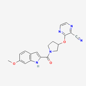 molecular formula C19H17N5O3 B2698579 3-((1-(6-methoxy-1H-indole-2-carbonyl)pyrrolidin-3-yl)oxy)pyrazine-2-carbonitrile CAS No. 2034281-92-8