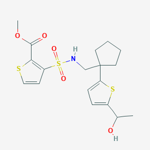 molecular formula C18H23NO5S3 B2698672 methyl 3-(N-((1-(5-(1-hydroxyethyl)thiophen-2-yl)cyclopentyl)methyl)sulfamoyl)thiophene-2-carboxylate CAS No. 2034344-07-3