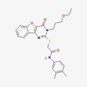 molecular formula C25H27N3O4S B2698914 N-(3,4-dimethylphenyl)-2-{[3-(3-ethoxypropyl)-4-oxo-3,4-dihydro[1]benzofuro[3,2-d]pyrimidin-2-yl]sulfanyl}acetamide CAS No. 866894-86-2
