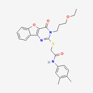 molecular formula C25H27N3O4S B2698914 N-(3,4-dimethylphenyl)-2-[[3-(3-ethoxypropyl)-4-oxo-[1]benzofuro[3,2-d]pyrimidin-2-yl]sulfanyl]acetamide CAS No. 866894-86-2