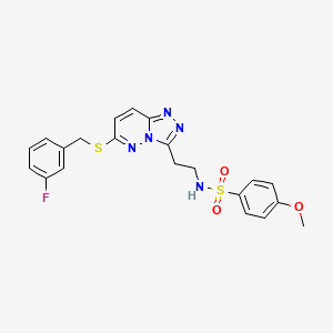 molecular formula C21H20FN5O3S2 B2698996 N-[2-(6-{[(3-fluorophenyl)methyl]sulfanyl}-[1,2,4]triazolo[4,3-b]pyridazin-3-yl)ethyl]-4-methoxybenzene-1-sulfonamide CAS No. 873002-07-4