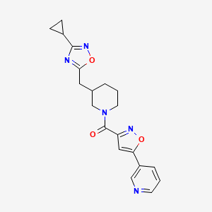 molecular formula C20H21N5O3 B2699073 (3-((3-Cyclopropyl-1,2,4-oxadiazol-5-yl)methyl)piperidin-1-yl)(5-(pyridin-3-yl)isoxazol-3-yl)methanone CAS No. 1706111-26-3